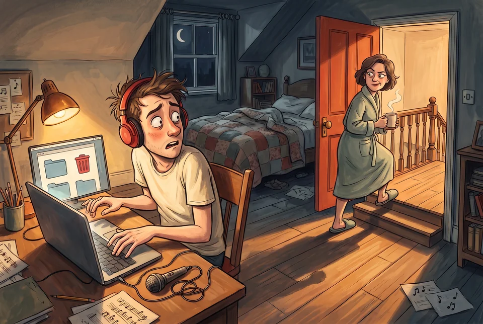 Mum approaches the bedroom as a nervous singer uses their laptop.